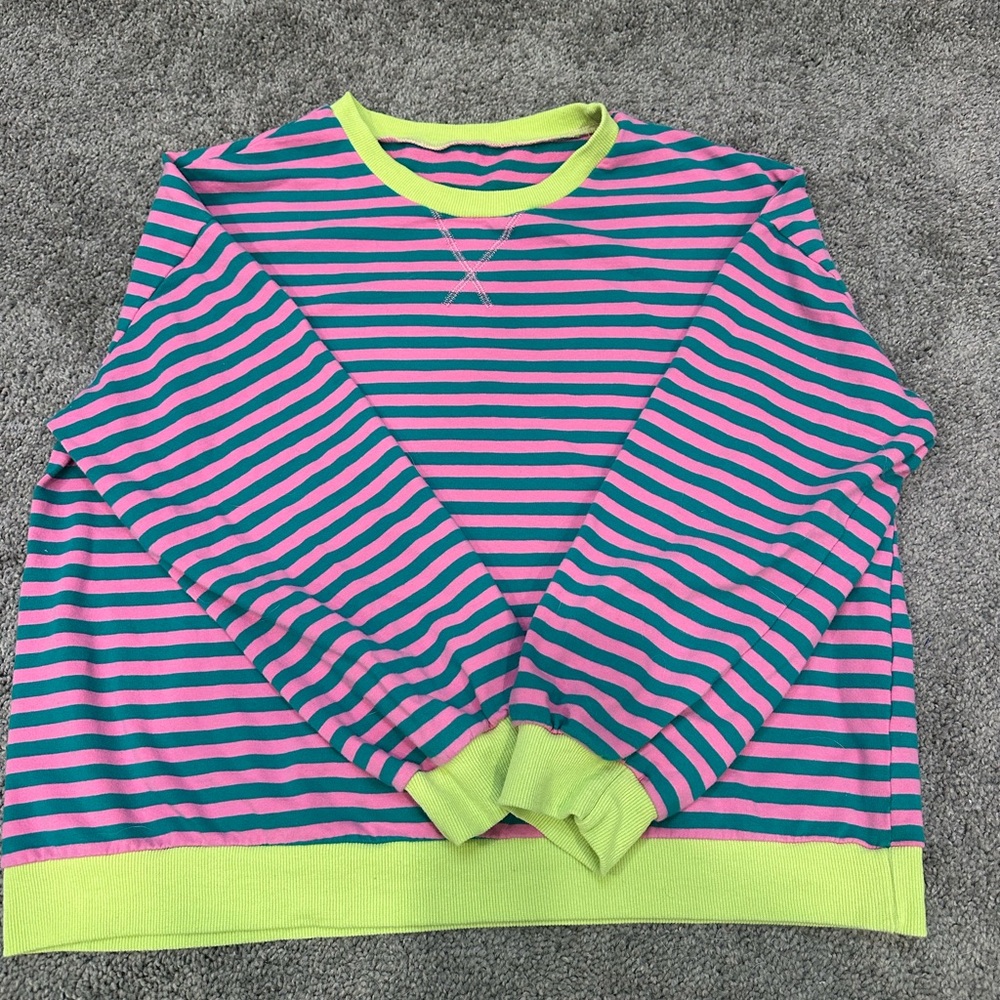 Striped Crewneck Sweater in Pink, Teal & Neon Yellow